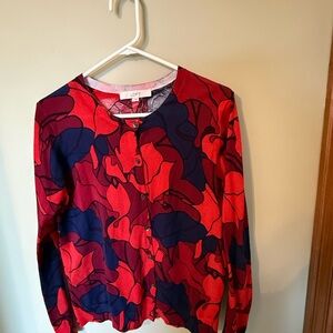LOFT Bold Red and Navy Patterned Cardigan
